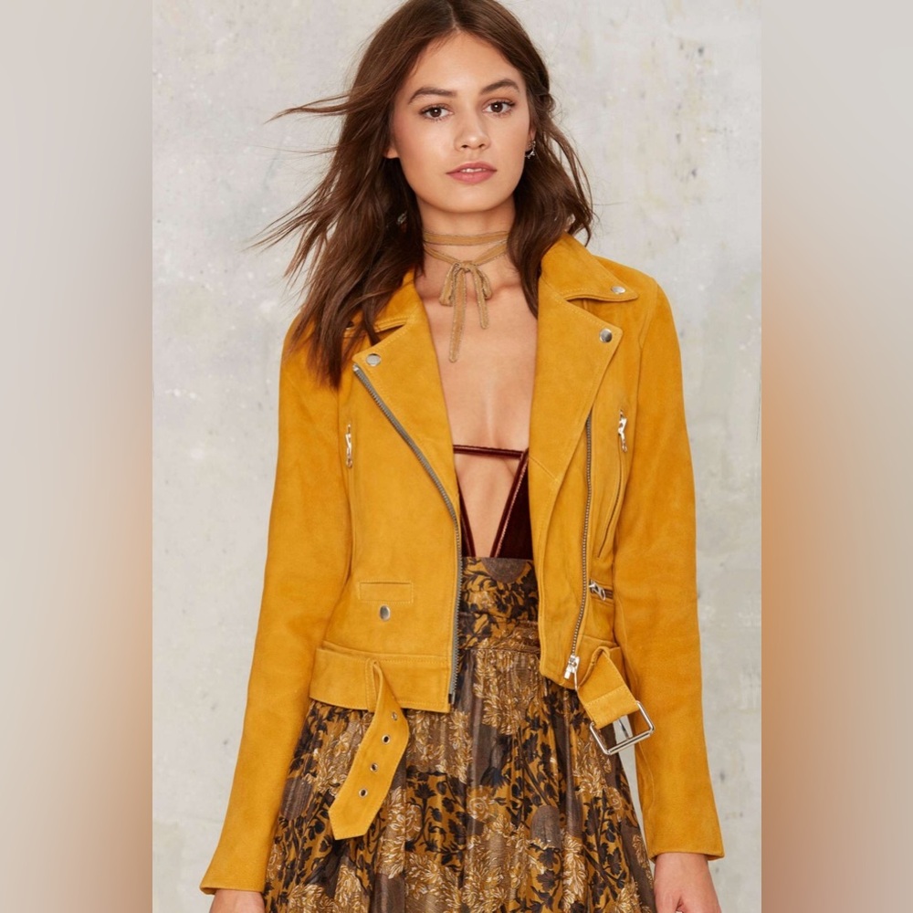 Nasty Gal Suede Genuine Leather Yellow Moto Biker Jacket NWT size L